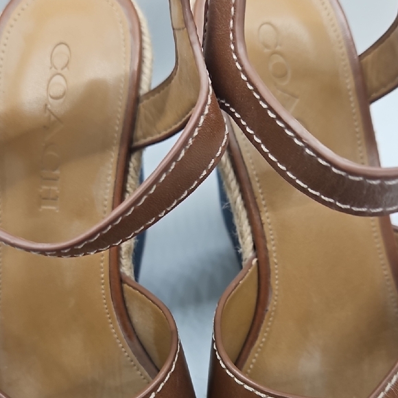 Coach Brown and Blue Denim Wedge Sandals - Picture 4 of 7